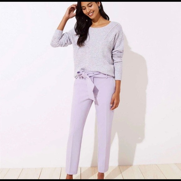 LOFT lilac stretch cropped pants with tie belt - Picture 1 of 6